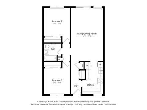A floor plan of a small apartment with two bedrooms, a living/dining room, a kitchen, and a bathroom.